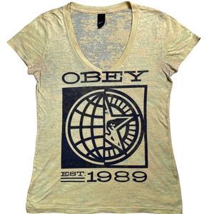 Obey size large light yellow vneck front image thin material short sleeve shirt